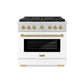 ZLINE Autograph Edition 36 in. 5.2 cu. ft. Paramount Gas Range with 6 Burner DuoPro™ Cooktop and Convection Gas Oven with White Matte Door and Champagne Bronze Accents, Open Box-Great Condition