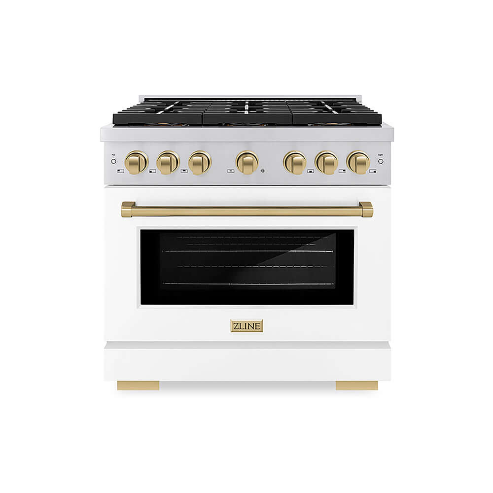 ZLINE Autograph Edition 36 in. 5.2 cu. ft. Paramount Gas Range with 6 Burner DuoPro™ Cooktop and Convection Gas Oven with White Matte Door and Champagne Bronze Accents, Open Box-Good Condition