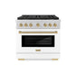 ZLINE Autograph Edition 36 in. 5.2 cu. ft. Paramount Gas Range with 6 Burner DuoPro™ Cooktop and Convection Gas Oven with White Matte Door and Champagne Bronze Accents (PSGRZ-WM-36-CB) front.
