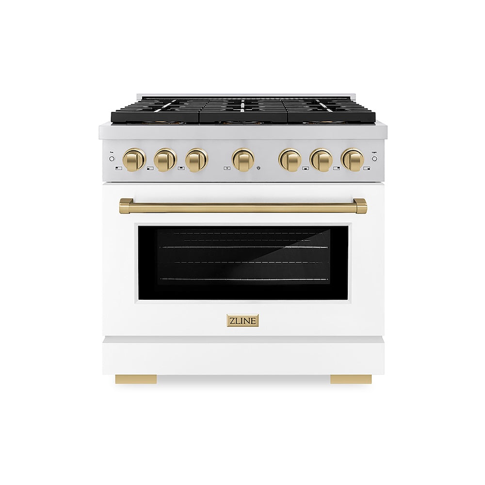 ZLINE Autograph Edition 36 in. 5.2 cu. ft. Paramount Gas Range with 6 Burner DuoPro™ Cooktop and Convection Gas Oven with White Matte Door and Champagne Bronze Accents (PSGRZ-WM-36-CB) front.