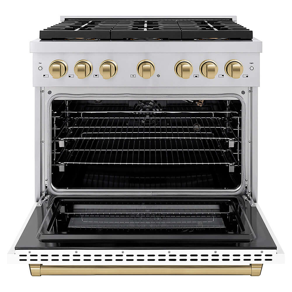 ZLINE Autograph Edition 36 in. 5.2 cu. ft. Paramount Gas Range with 6 Burner DuoPro™ Cooktop and Convection Gas Oven with White Matte Door and Champagne Bronze Accents, Open Box-Good Condition