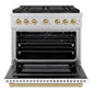 ZLINE Autograph Edition 36 in. 5.2 cu. ft. Paramount Gas Range with 6 Burner DuoPro™ Cooktop and Convection Gas Oven with White Matte Door and Champagne Bronze Accents (PSGRZ-WM-36-CB) front, oven open.
