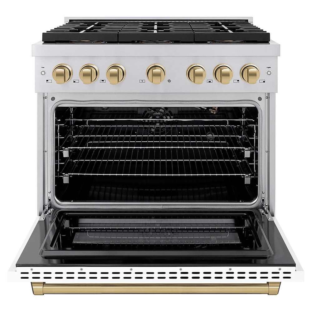 ZLINE Autograph Edition 36 in. 5.2 cu. ft. Paramount Gas Range with 6 Burner DuoPro™ Cooktop and Convection Gas Oven with White Matte Door and Champagne Bronze Accents (PSGRZ-WM-36-CB) front, oven open.