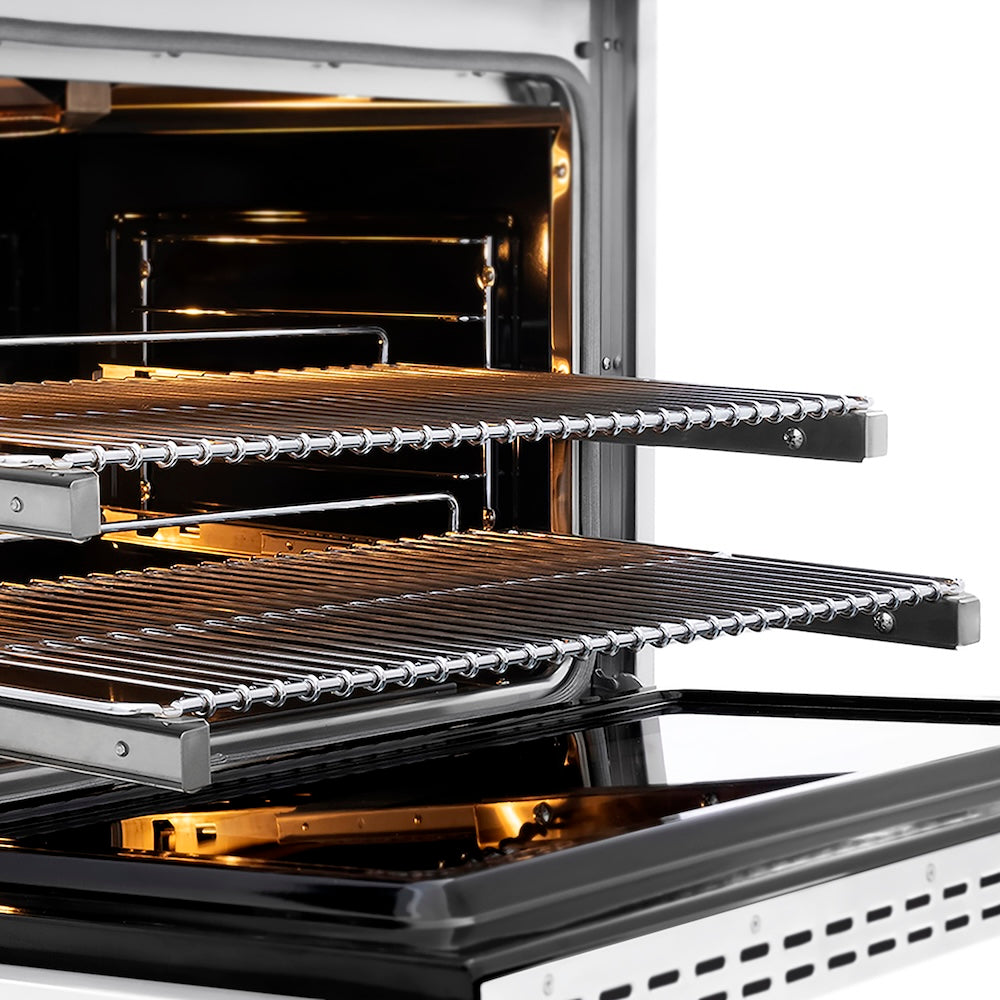 ZLINE Autograph Edition 36 in. 5.2 cu. ft. Paramount Gas Range with 6 Burner DuoPro™ Cooktop and Convection Gas Oven with White Matte Door and Champagne Bronze Accents (PSGRZ-WM-36-CB) side, oven open showing racks extended.