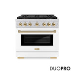 ZLINE Autograph Edition 36 in. 5.2 cu. ft. Paramount Gas Range with 6 Burner DuoPro™ Cooktop and Convection Gas Oven with White Matte Door and Polished Gold Accents (PSGRZ-WM-36-G) front, with DuoPro™ logo.