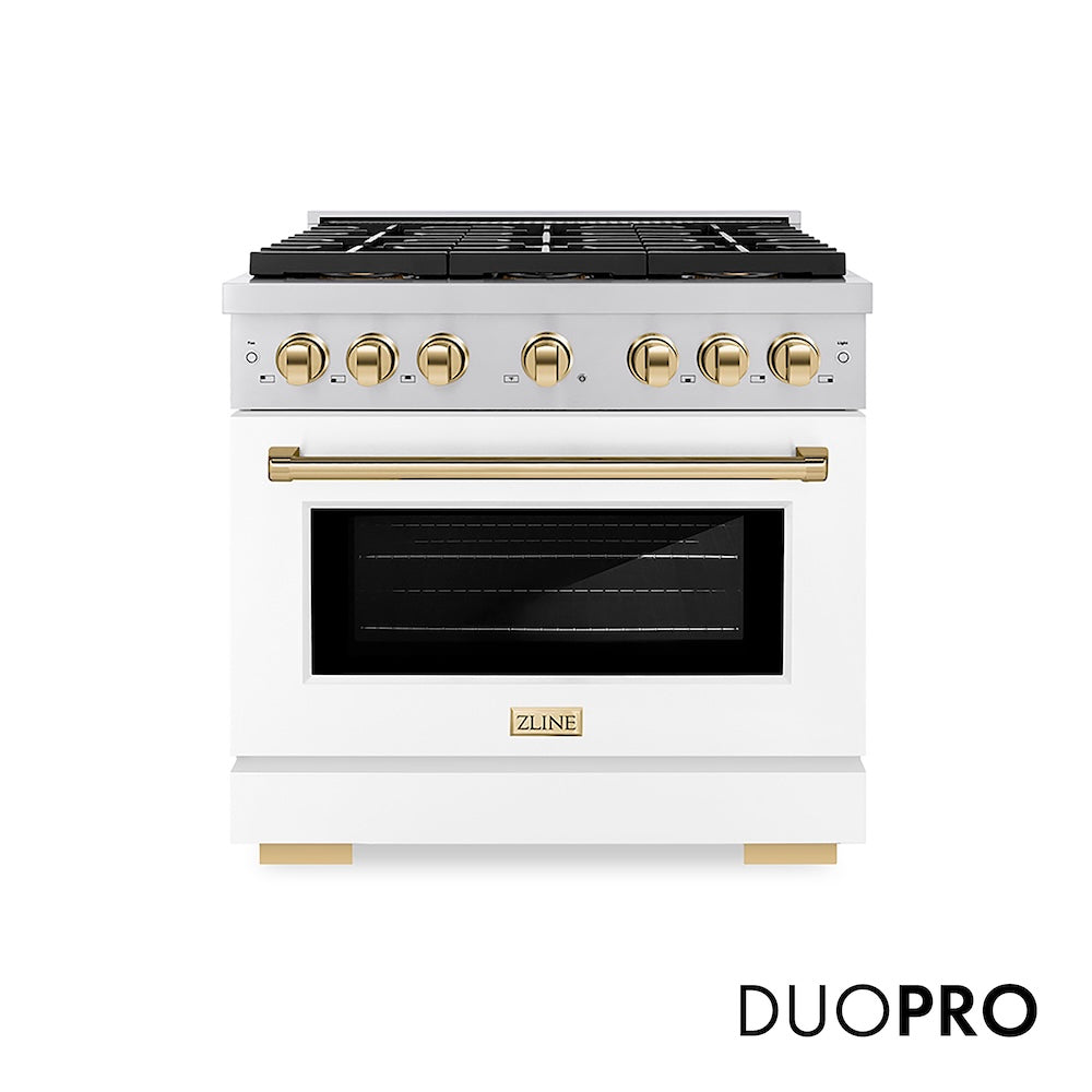 ZLINE Autograph Edition 36 in. 5.2 cu. ft. Paramount Gas Range with 6 Burner DuoPro™ Cooktop and Convection Gas Oven with White Matte Door and Polished Gold Accents (PSGRZ-WM-36-G) front, with DuoPro™ logo.