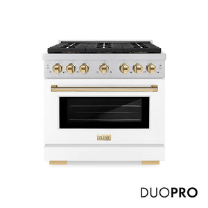 ZLINE Autograph Edition 36 in. 5.2 cu. ft. Paramount Gas Range with 6 Burner DuoPro™ Cooktop and Convection Gas Oven with White Matte Door and Polished Gold Accents (PSGRZ-WM-36-G) main image.