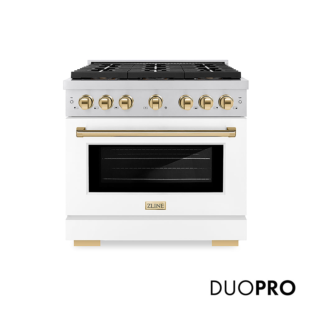 ZLINE Autograph Edition 36 in. 5.2 cu. ft. Paramount Gas Range with 6 Burner DuoPro™ Cooktop and Convection Gas Oven with White Matte Door and Polished Gold Accents, Open Box-Great Condition main image.