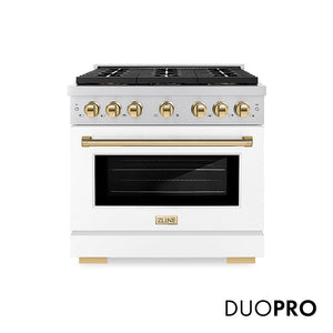 ZLINE Autograph Edition 36 in. 5.2 cu. ft. Paramount Gas Range with 6 Burner DuoPro™ Cooktop and Convection Gas Oven with White Matte Door and Polished Gold Accents, Open Box-Great Condition main image.