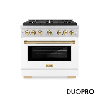 ZLINE Autograph Edition 36 in. 5.2 cu. ft. Paramount Gas Range with 6 Burner DuoPro™ Cooktop and Convection Gas Oven with White Matte Door and Polished Gold Accents, Open Box-Great Condition