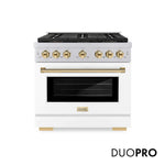ZLINE Autograph Edition 36 in. 5.2 cu. ft. Paramount Gas Range with 6 Burner DuoPro™ Cooktop and Convection Gas Oven with White Matte Door and Polished Gold Accents, Open Box-Good Condition