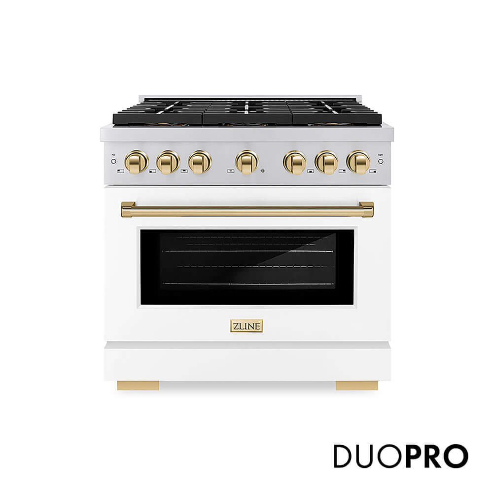 ZLINE Autograph Edition 36 in. 5.2 cu. ft. Paramount Gas Range with 6 Burner DuoPro™ Cooktop and Convection Gas Oven with White Matte Door and Polished Gold Accents, Open Box-Good Condition