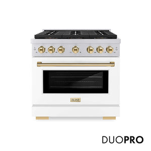 ZLINE Autograph Edition 36 in. 5.2 cu. ft. Paramount Gas Range with 6 Burner DuoPro™ Cooktop and Convection Gas Oven with White Matte Door and Polished Gold Accents, Open Box-Good Condition main image.