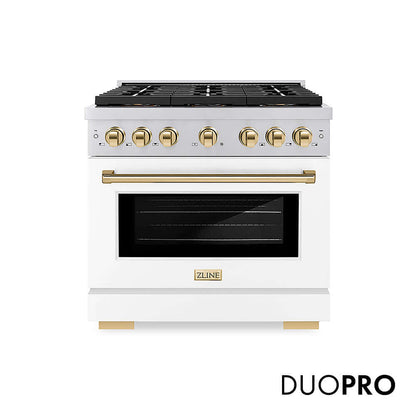 ZLINE Autograph Edition 36 in. 5.2 cu. ft. Paramount Gas Range with 6 Burner DuoPro™ Cooktop and Convection Gas Oven with White Matte Door and Polished Gold Accents, Open Box-Good Condition