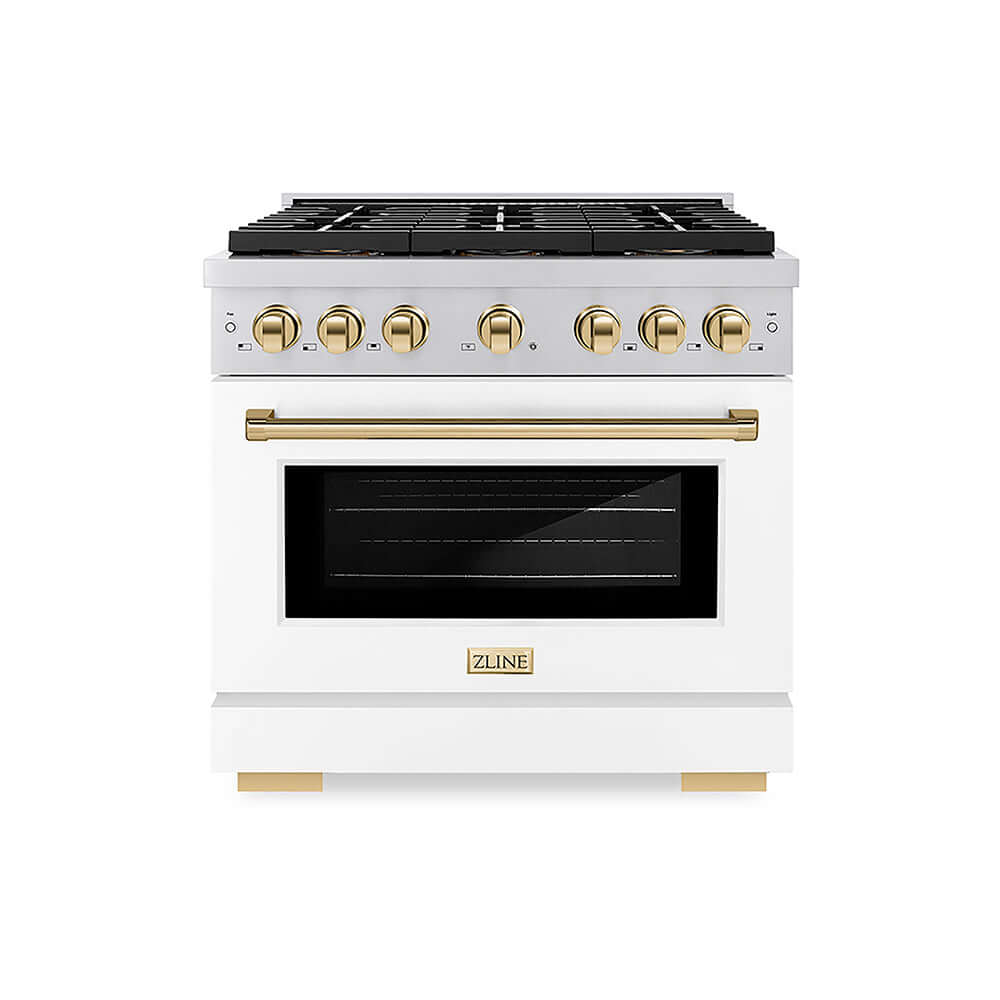 ZLINE Autograph Edition 36 in. 5.2 cu. ft. Paramount Gas Range with 6 Burner DuoPro™ Cooktop and Convection Gas Oven with White Matte Door and Polished Gold Accents, Open Box-Good Condition