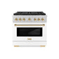 ZLINE Autograph Edition 36 in. 5.2 cu. ft. Paramount Gas Range with 6 Burner DuoPro™ Cooktop and Convection Gas Oven with White Matte Door and Polished Gold Accents (PSGRZ-WM-36-G) front.