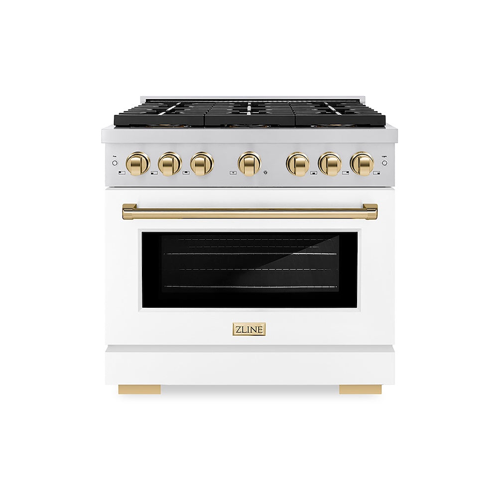 ZLINE Autograph Edition 36 in. 5.2 cu. ft. Paramount Gas Range with 6 Burner DuoPro™ Cooktop and Convection Gas Oven with White Matte Door and Polished Gold Accents (PSGRZ-WM-36-G) front.