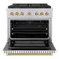 ZLINE Autograph Edition 36 in. 5.2 cu. ft. Paramount Gas Range with 6 Burner DuoPro™ Cooktop and Convection Gas Oven with White Matte Door and Polished Gold Accents (PSGRZ-WM-36-G) front, oven open.