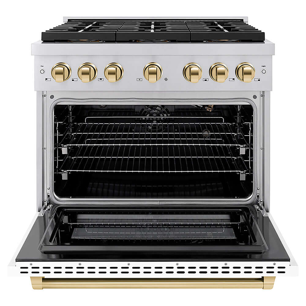 ZLINE Autograph Edition 36 in. 5.2 cu. ft. Paramount Gas Range with 6 Burner DuoPro™ Cooktop and Convection Gas Oven with White Matte Door and Polished Gold Accents, Open Box-Good Condition