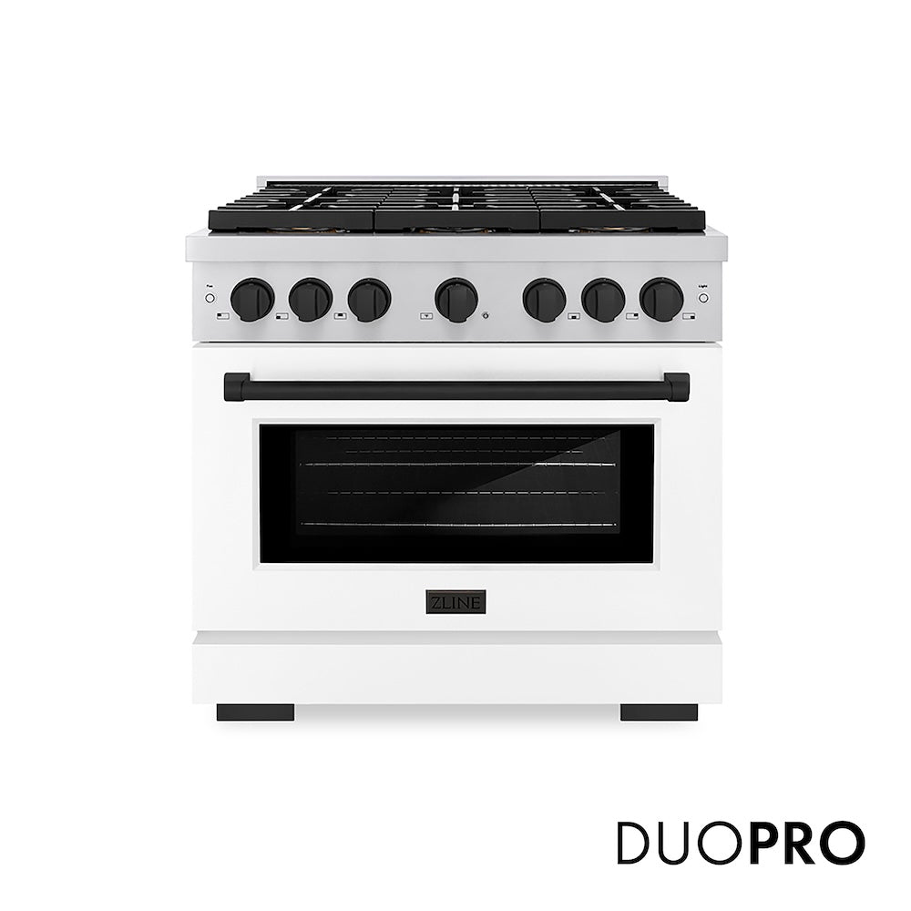 ZLINE Autograph Edition 36 in. 5.2 cu. ft. Paramount Gas Range with 6 Burner DuoPro™ Cooktop and Convection Gas Oven with White Matte Door and Matte Black Accents (PSGRZ-WM-36-MB) front, with DuoPro™ logo.