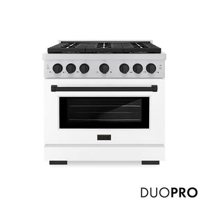 ZLINE Autograph Edition 36 in. 5.2 cu. ft. Paramount Gas Range with 6 Burner DuoPro™ Cooktop and Convection Gas Oven with White Matte Door and Matte Black Accents (PSGRZ-WM-36-MB) main image.