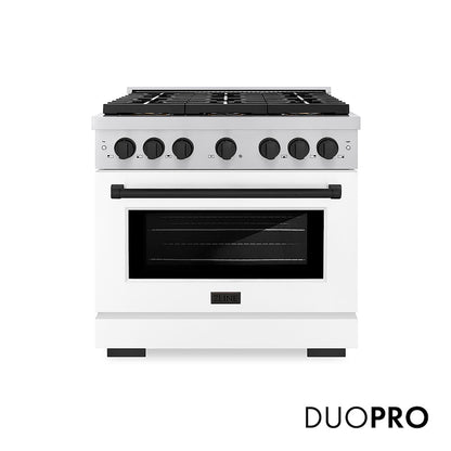 ZLINE Autograph Edition 36 in. 5.2 cu. ft. Paramount Gas Range with 6 Burner DuoPro™ Cooktop and Convection Gas Oven with White Matte Door and Matte Black Accents (PSGRZ-WM-36-MB) front, with DuoPro™ logo.
