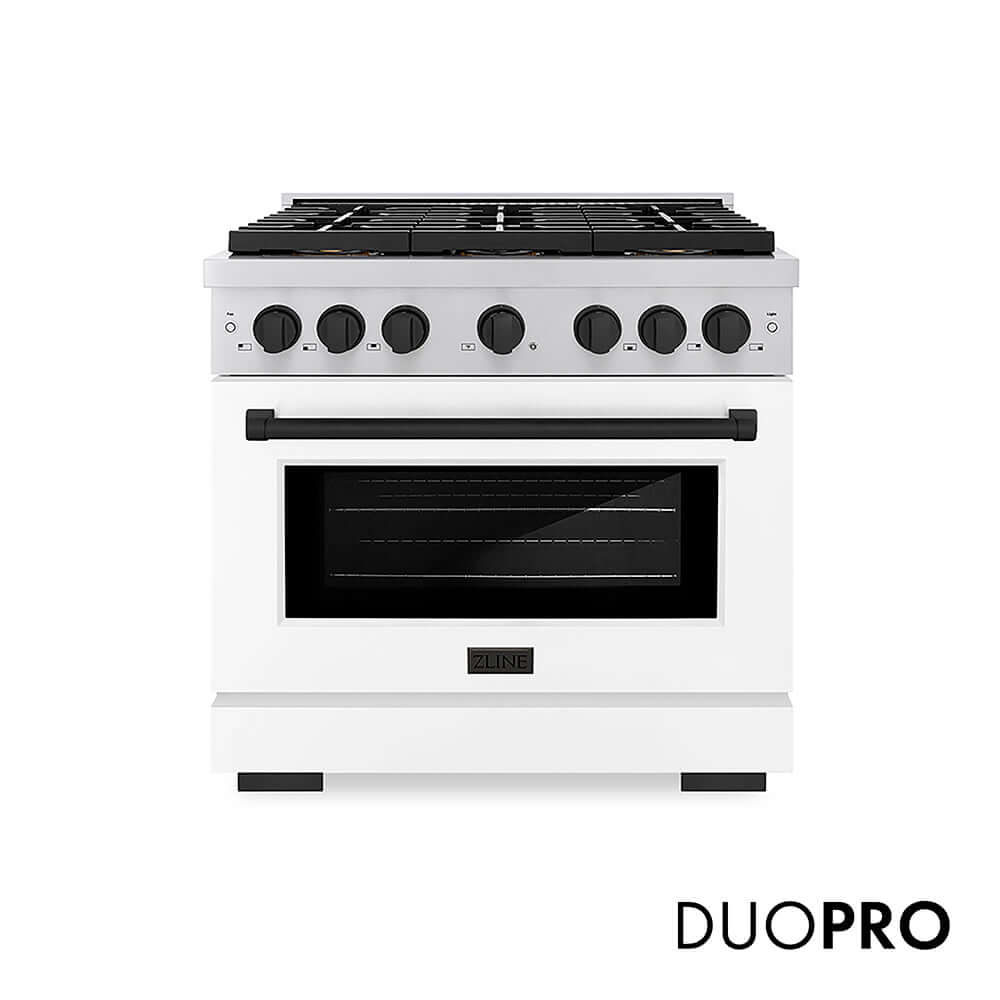 ZLINE Autograph Edition 36 in. 5.2 cu. ft. Paramount Gas Range with 6 Burner DuoPro™ Cooktop and Convection Gas Oven with White Matte Door and Matte Black Accents, Open Box-Good Condition
