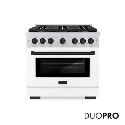 ZLINE Autograph Edition 36 in. 5.2 cu. ft. Paramount Gas Range with 6 Burner DuoPro™ Cooktop and Convection Gas Oven with White Matte Door and Matte Black Accents, Open Box-Good Condition