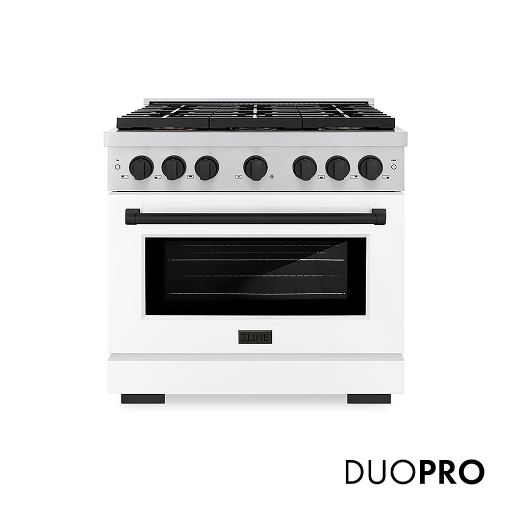 ZLINE Autograph Edition 36 in. 5.2 cu. ft. Paramount Gas Range with 6 Burner DuoPro™ Cooktop and Convection Gas Oven with White Matte Door and Matte Black Accents, Open Box-Great Condition main image.