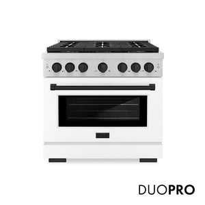 ZLINE Autograph Edition 36 in. 5.2 cu. ft. Paramount Gas Range with 6 Burner DuoPro™ Cooktop and Convection Gas Oven with White Matte Door and Matte Black Accents, Open Box-Great Condition main image.