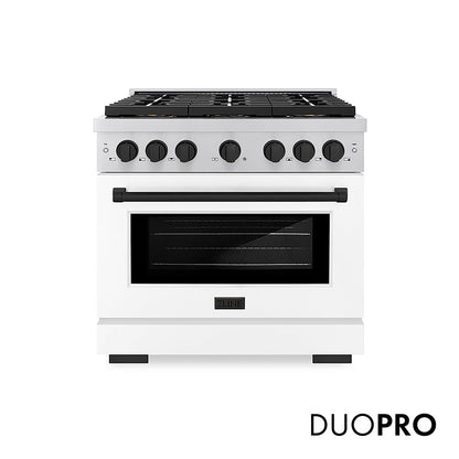 ZLINE Autograph Edition 36 in. 5.2 cu. ft. Paramount Gas Range with 6 Burner DuoPro™ Cooktop and Convection Gas Oven with White Matte Door and Matte Black Accents, Open Box-Great Condition