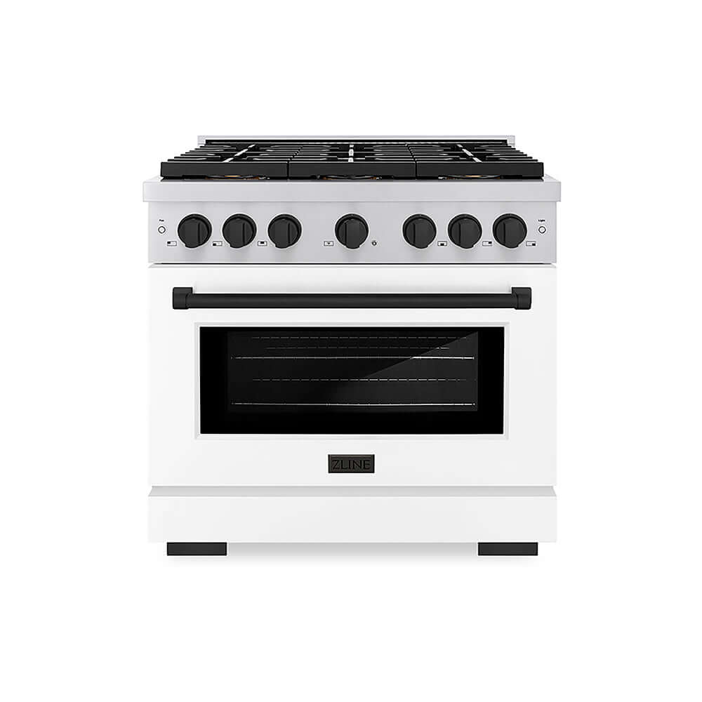 ZLINE Autograph Edition 36 in. 5.2 cu. ft. Paramount Gas Range with 6 Burner DuoPro™ Cooktop and Convection Gas Oven with White Matte Door and Matte Black Accents, Open Box-Good Condition