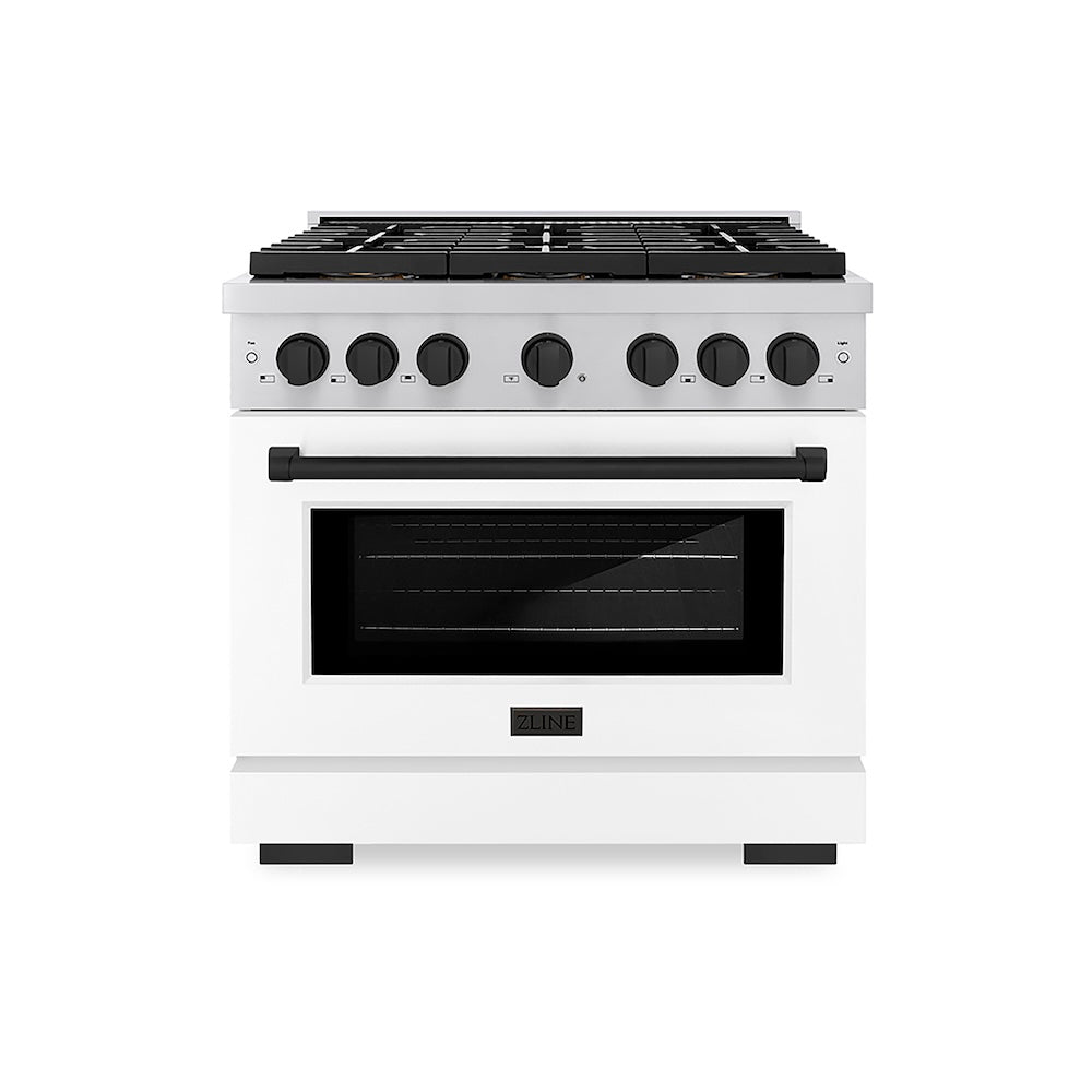 ZLINE Autograph Edition 36 in. 5.2 cu. ft. Paramount Gas Range with 6 Burner DuoPro™ Cooktop and Convection Gas Oven with White Matte Door and Matte Black Accents (PSGRZ-WM-36-MB) front.