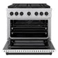 ZLINE Autograph Edition 36 in. 5.2 cu. ft. Paramount Gas Range with 6 Burner DuoPro™ Cooktop and Convection Gas Oven with White Matte Door and Matte Black Accents (PSGRZ-WM-36-MB) front, oven open.