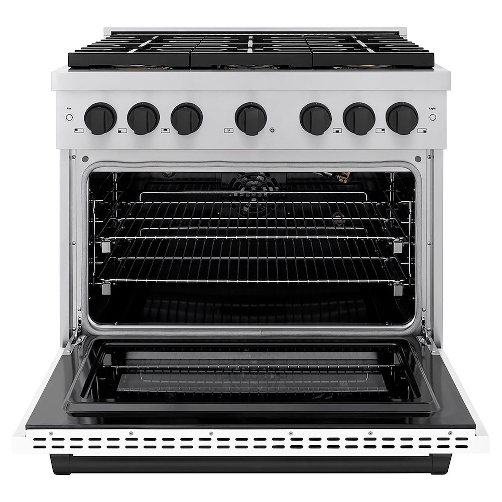 ZLINE Autograph Edition 36 in. 5.2 cu. ft. Paramount Gas Range with 6 Burner DuoPro™ Cooktop and Convection Gas Oven with White Matte Door and Matte Black Accents (PSGRZ-WM-36-MB) front, oven open.