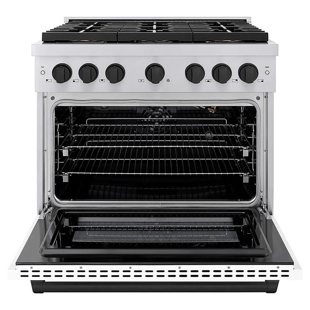 ZLINE Autograph Edition 36 in. 5.2 cu. ft. Paramount Gas Range with 6 Burner DuoPro™ Cooktop and Convection Gas Oven with White Matte Door and Matte Black Accents, Open Box-Good Condition