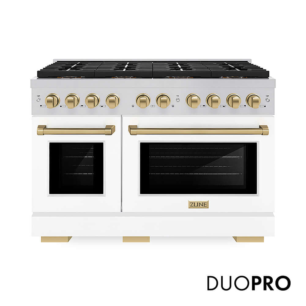 ZLINE Autograph Edition 48 in. 6.7 cu. ft. Paramount Gas Range with 8 Burner DuoPro™ Cooktop and Dual Ovens with White Matte Doors and Champagne Bronze Accents, Open Box-Good Condition