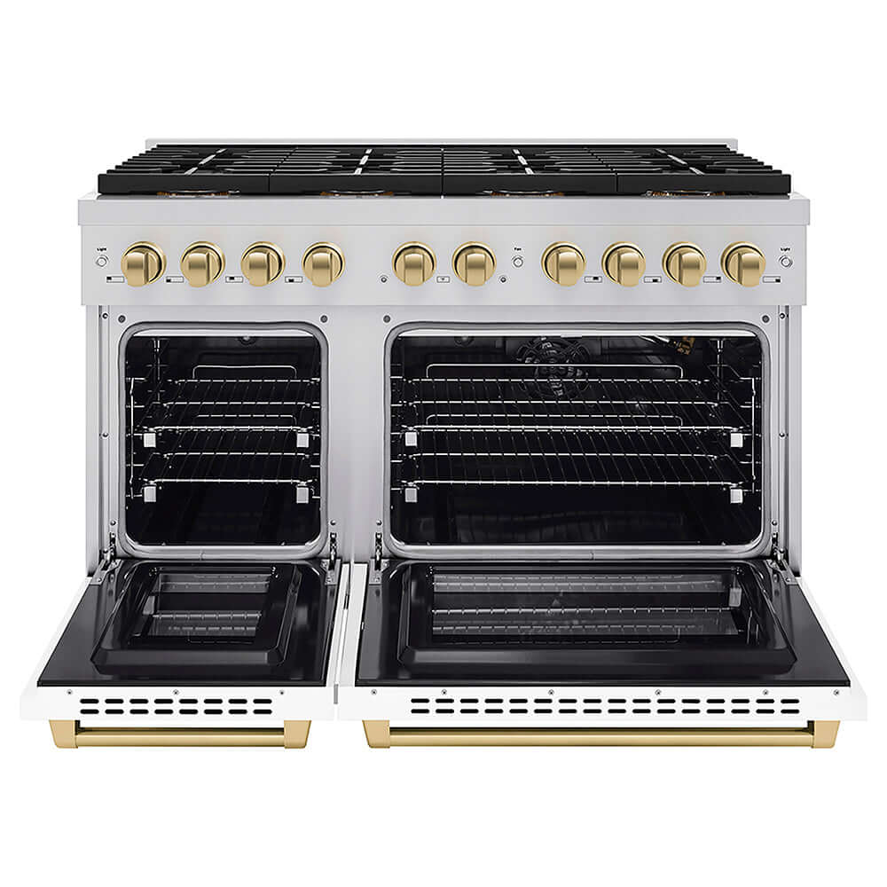 ZLINE Autograph Edition 48 in. 6.7 cu. ft. Paramount Gas Range with 8 Burner DuoPro™ Cooktop and Dual Ovens with White Matte Doors and Champagne Bronze Accents, Open Box-Good Condition