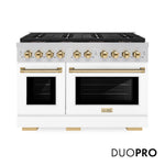 ZLINE Autograph Edition 48 in. 6.7 cu. ft. Paramount Gas Range with 8 Burner DuoPro™ Cooktop and Dual Ovens with White Matte Doors and Champagne Bronze Accents (PSGRZ-WM-48-CB) front, with DuoPro™ logo.