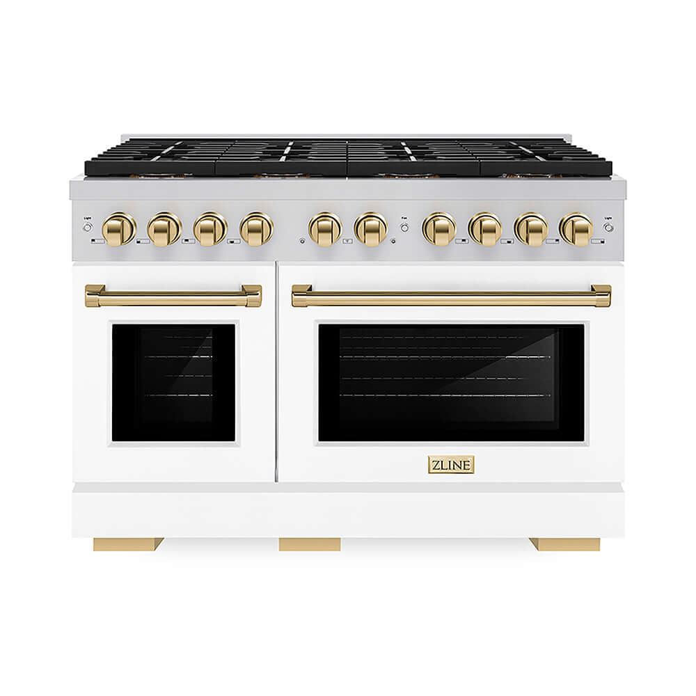 ZLINE Autograph Edition 48 in. 6.7 cu. ft. Paramount Gas Range with 8 Burner DuoPro™ Cooktop and Dual Ovens with White Matte Doors and Polished Gold Accents, Open Box-Good Condition
