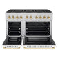 ZLINE Autograph Edition 48 in. 6.7 cu. ft. Paramount Gas Range with 8 Burner DuoPro™ Cooktop and Dual Ovens with White Matte Doors and Champagne Bronze Accents (PSGRZ-WM-48-CB) front, oven open.