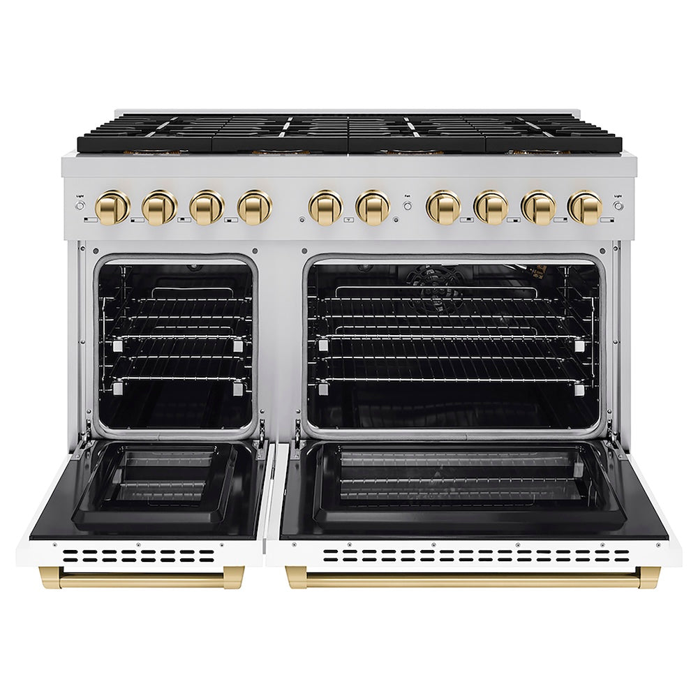 ZLINE Autograph Edition 48 in. 6.7 cu. ft. Paramount Gas Range with 8 Burner DuoPro™ Cooktop and Dual Ovens with White Matte Doors and Champagne Bronze Accents (PSGRZ-WM-48-CB) front, oven open.