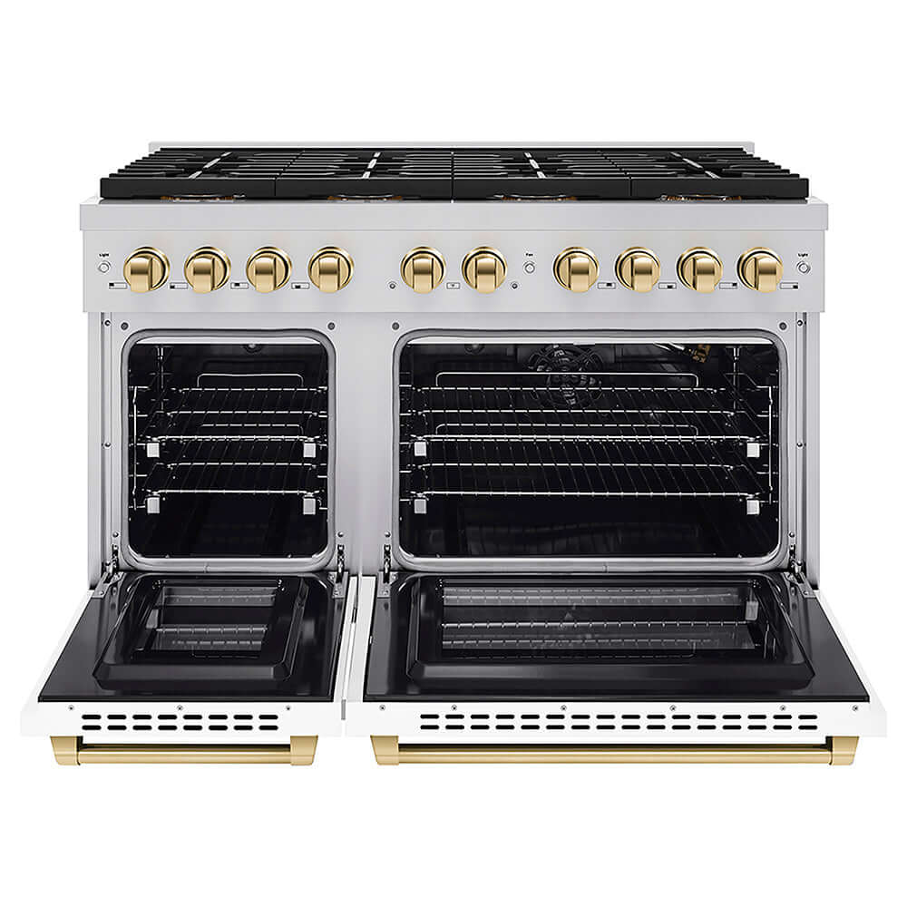 ZLINE Autograph Edition 48 in. 6.7 cu. ft. Paramount Gas Range with 8 Burner DuoPro™ Cooktop and Dual Ovens with White Matte Doors and Polished Gold Accents, Open Box-Good Condition