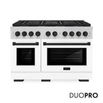 ZLINE Autograph Edition 48 in. 6.7 cu. ft. Paramount Gas Range with 8 Burner DuoPro™ Cooktop and Dual Ovens with White Matte Doors and Matte Black Accents (PSGRZ-WM-48-MB) front, with DuoPro™ logo.