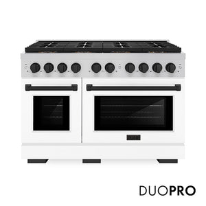 ZLINE Autograph Edition 48 in. 6.7 cu. ft. Paramount Gas Range with 8 Burner DuoPro™ Cooktop and Dual Ovens with White Matte Doors and Matte Black Accents (PSGRZ-WM-48-MB) main image.