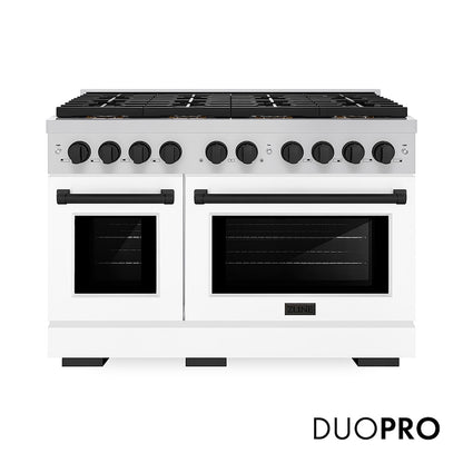 ZLINE Autograph Edition 48 in. 6.7 cu. ft. Paramount Gas Range with 8 Burner DuoPro™ Cooktop and Dual Ovens with White Matte Doors and Matte Black Accents (PSGRZ-WM-48-MB) front, with DuoPro™ logo.