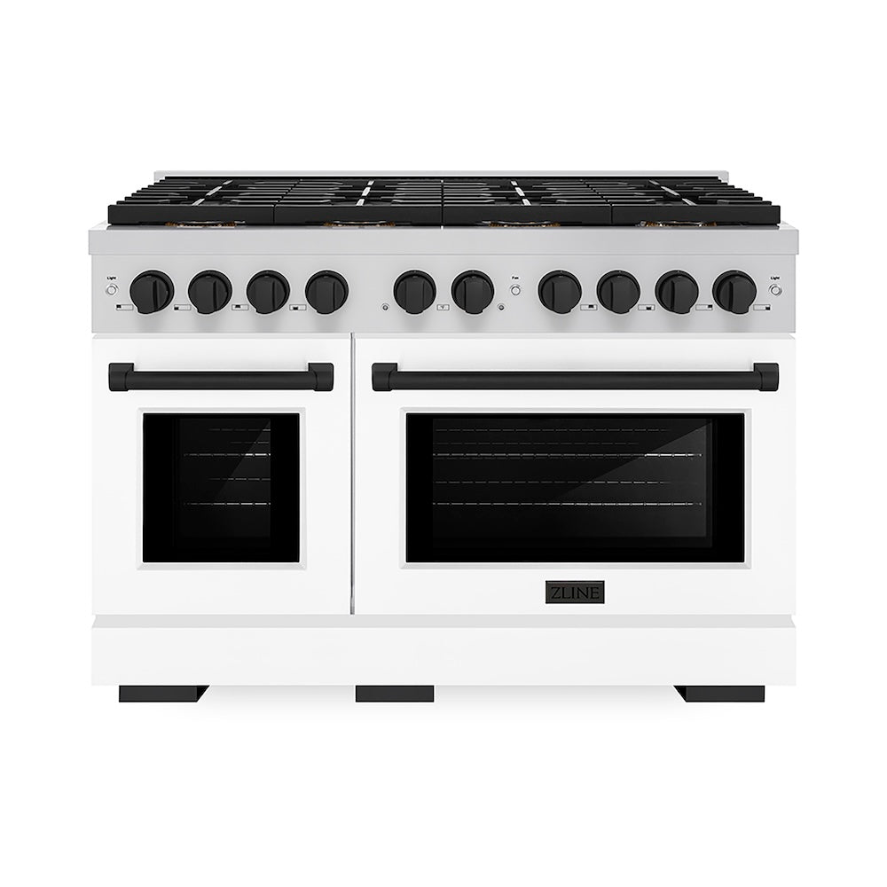 ZLINE Autograph Edition 48 in. 6.7 cu. ft. Paramount Gas Range with 8 Burner DuoPro™ Cooktop and Dual Ovens with White Matte Doors and Matte Black Accents (PSGRZ-WM-48-MB) front.