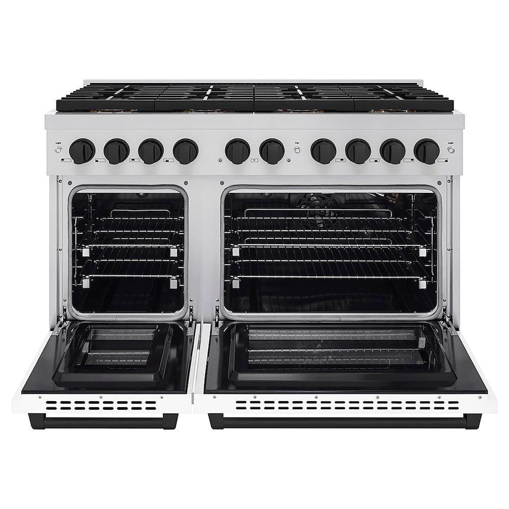 ZLINE Autograph Edition 48 in. 6.7 cu. ft. Paramount Gas Range with 8 Burner DuoPro™ Cooktop and Dual Ovens with White Matte Doors and Matte Black Accents (PSGRZ-WM-48-MB) front, oven open.