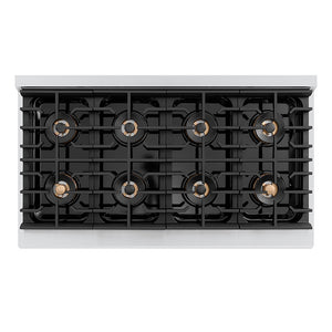 ZLINE Autograph Edition 48 in. 6.7 cu. ft. Paramount Gas Range with 8 Burner DuoPro™ Cooktop and Dual Ovens with White Matte Doors and Matte Black Accents (PSGRZ-WM-48-MB) top-down, above cooktop.
