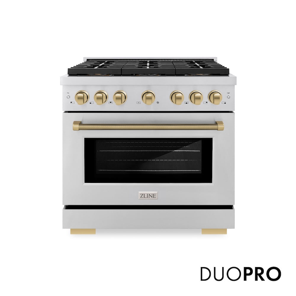 ZLINE Autograph Edition 36 in. 5.2 cu. ft. Paramount Gas Range with 6 Burner DuoPro™ Cooktop and Convection Gas Oven in Stainless Steel with Champagne Bronze Helix Handle and Accents (PSGRZ-36-KCB) front, with DuoPro™ logo.